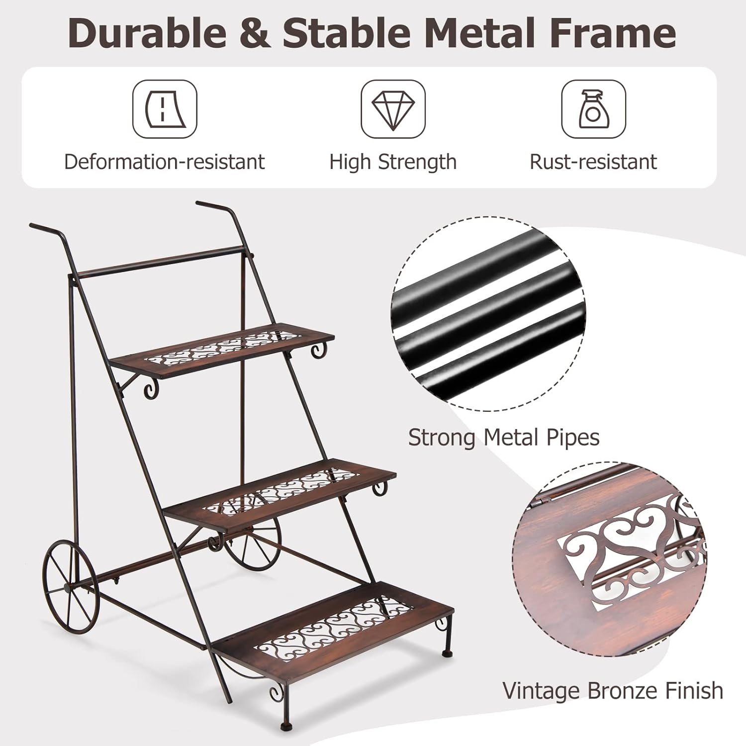 Giantex 3-Tier Metal Flower Cart, Ladder Shaped Plant Stand w/ Wheels & Handle, Exquisite Pattern, Rolling Garden Cart for Indoor & Outdoor, Folding Plant Holder for Balcony Garden Porch