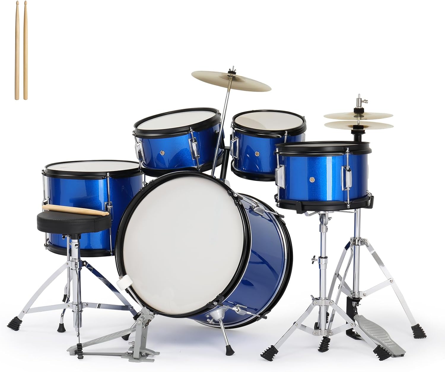 Ktaxon 5-Piece Complete Junior Drums Set, 16 Inch Beginners Drum Kit with Throne Stool, Pedal & Drumsticks, Drums Musical Instruments W/Cymbal, Hi-Hat, Floor, Tom and Snare Drum (Dark Blue)
