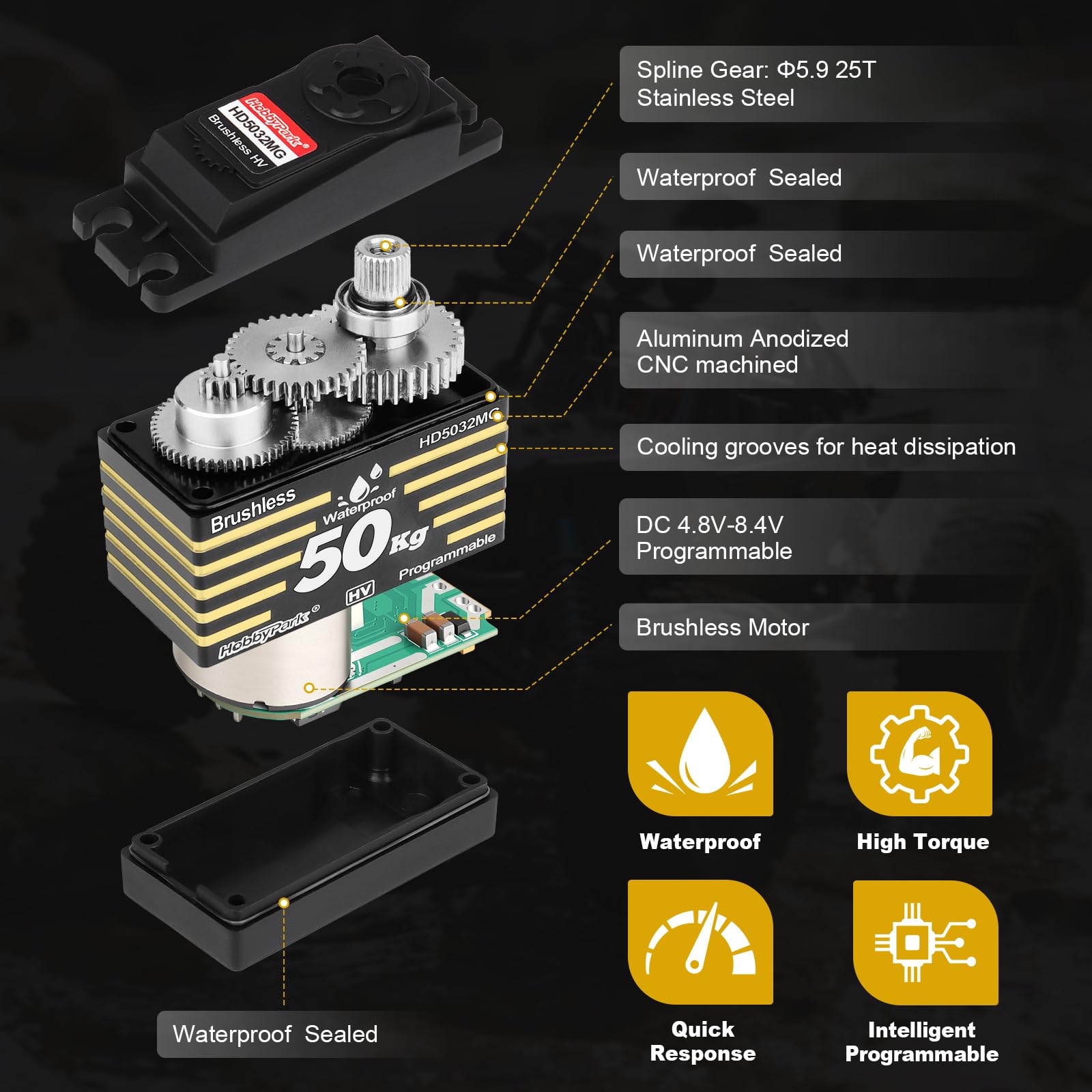 HobbyPark Servo 50kg Servo impermeabile ad alta coppia RC Sterzo Servo Motore Brushless Velocità Veloce Dimensioni standard HV Ingranaggi in Acciaio Inox per 1/8 1/10 RC Crawler Auto Camion Buggy