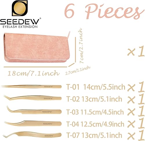 Miniatura 2 de SEEDEW - Juego de 5 pinzas doradas de acero inoxidable + 1 bolsa de almacenamiento, pinzas puntiagudas de aislamiento para extensiones de pestañas