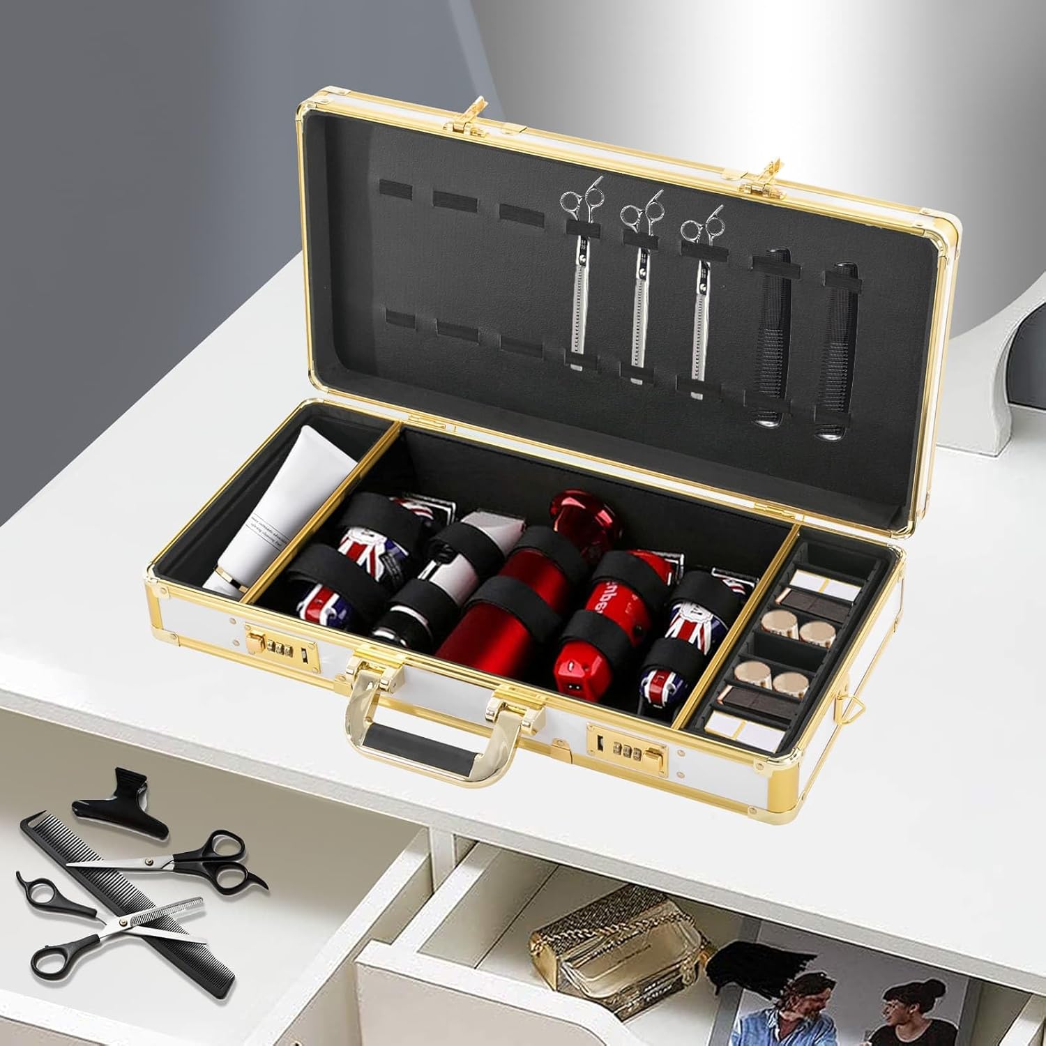 Beauty Salon Barber Case, Hair Stylist Tool Kits Organizer, Barber Travel Carry Case（White, Gold）