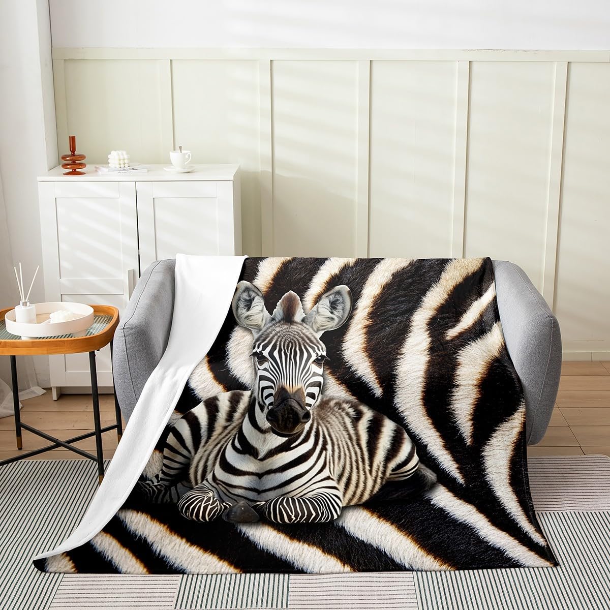 Erosebridal 3D Zebra Blanket,Zebra Skin Pattern Throw Blanket,Western Farm Animals Kids Boys Teens Fleece Blanket,Rustic Farmhouse Horse Fuzzy Blanket,Black White Bed Blanket Queen 90x90
