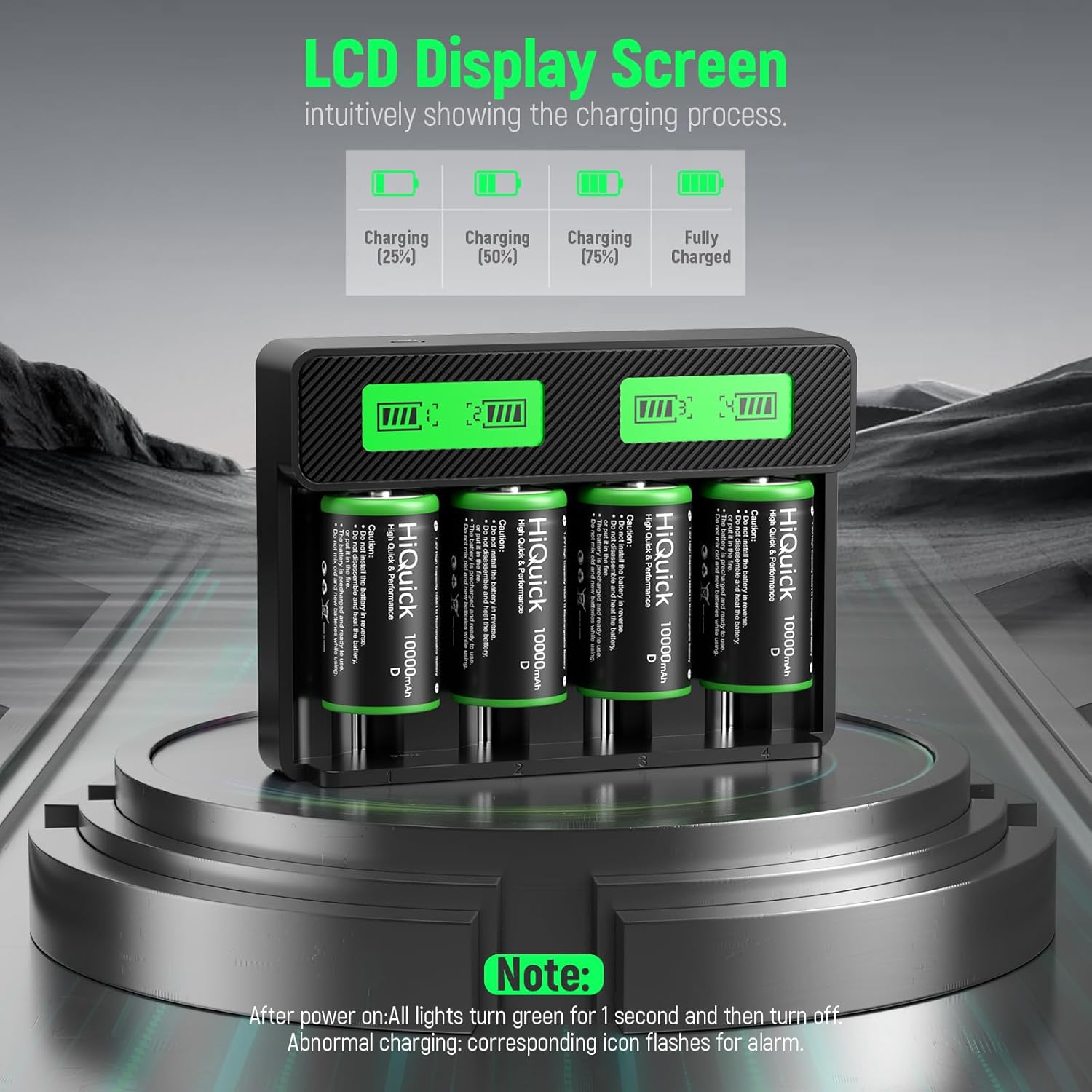 HiQuick 4-Bay Universal Battery Charger's LCD screen showing charging progress from 25% to fully charged.
