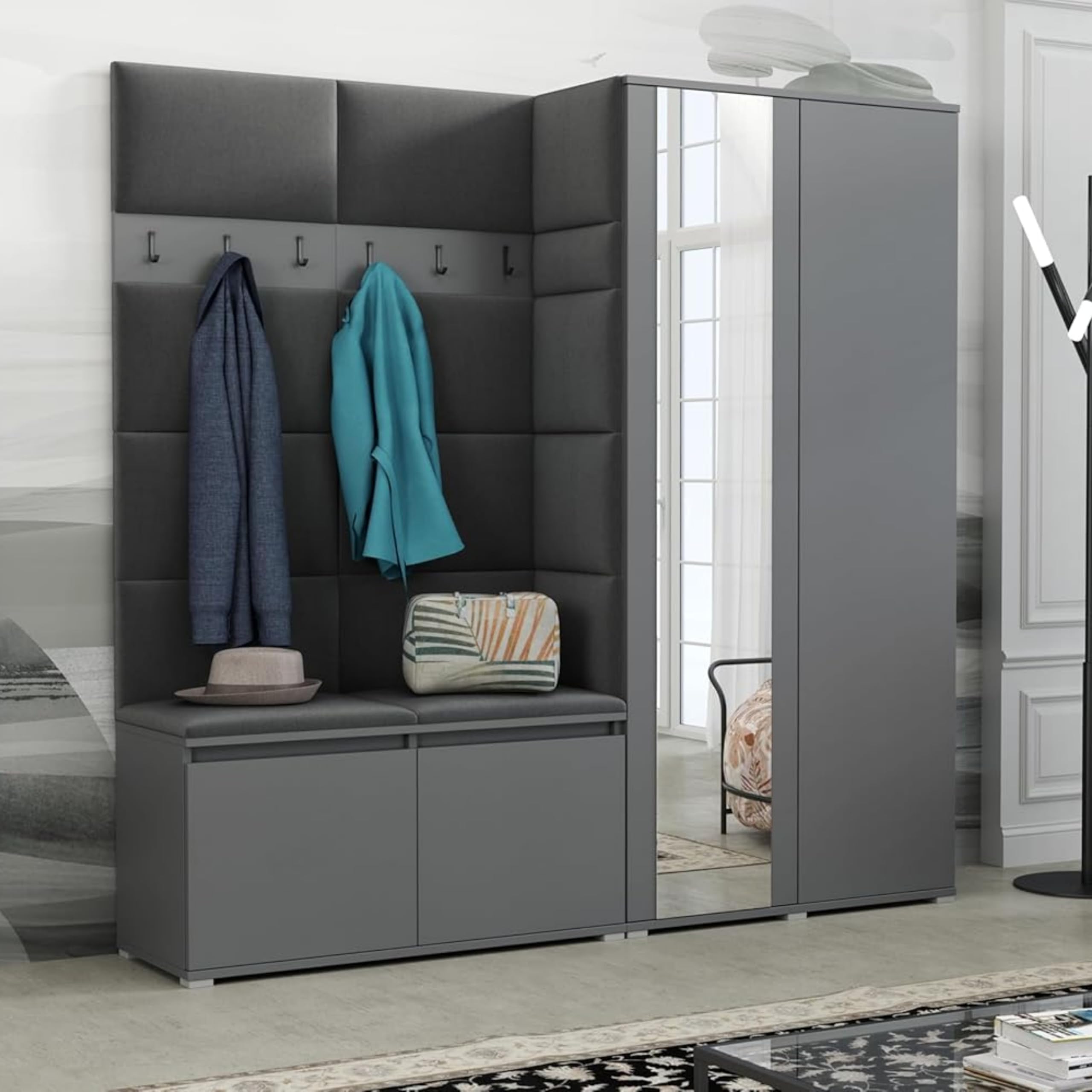 Brent Flurgarderobe Luton 4 Set: Schuhbank mit Sitzfläche, Garderobenpaneel, Garderobe mit Spiegel, Grau + Schwarz