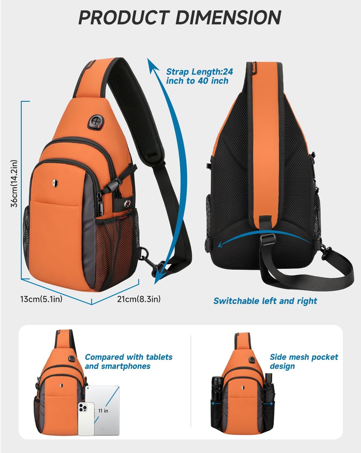 Anti-Theft Sling Bag for Men, Water Resistant Crossbody Backpack, Travel Hiking Chest Pack Fits iPad Mini & Switch 2 (Orange-Side Pocket) | Versatile Daypack, Versatile Daypack, lightweight, Built-in Audio Port, Reversible Strap, Tough & Splashproof