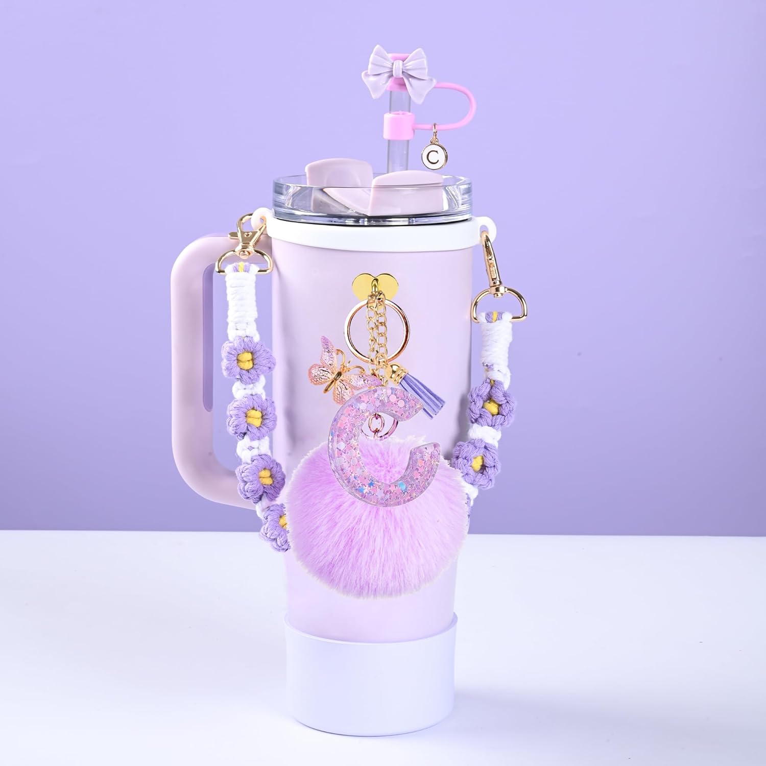 Stanley Cup Accessories Set, 10mm Bow Straw Topper, Siliocne Boot, Water Bottle Handle Strap, Letter Charms for Stanley Cup Straw Cover Cap Tumbler 40oz 30oz (C) - Image 4