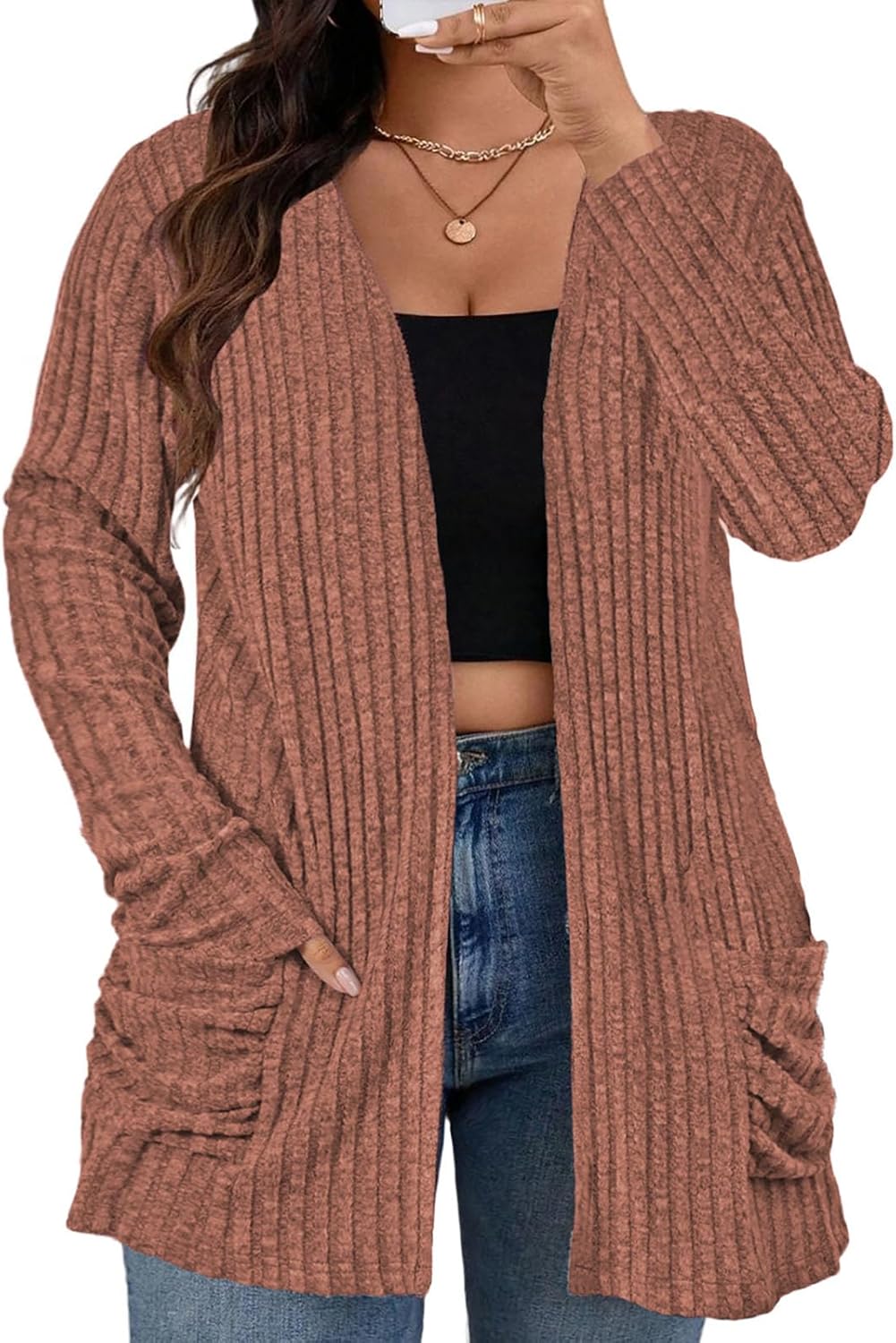ROSRISS Plus Size Cardigan Sweaters for Women Fall Open Front Tops Soft Ribbed Knit Ruched Pockets Outerwears 1XL-5XL