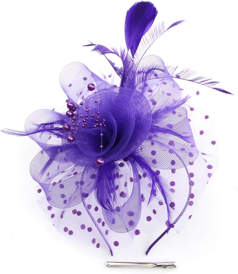 Women Fascinators Tea Party Hat Headwear Feather Flower Fascinator Headband Hairclips Dotted Mesh Beaded