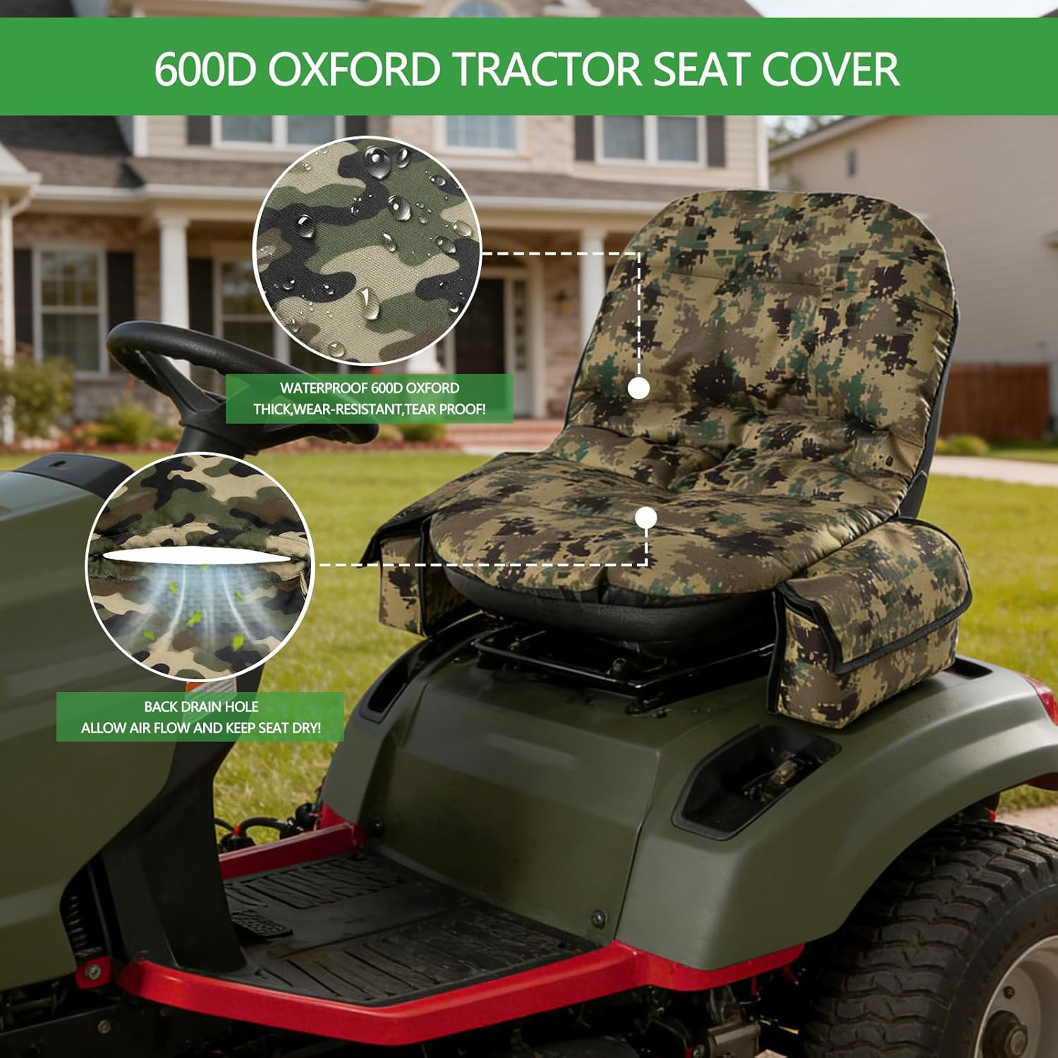 Riding Lawn Mower Seat Cover,Heavy Duty 600D Oxford Waterproof Tractor Seat Cover with Side Pockets for 12.2-14.2''H Seat,Fits John Deere,Kubota,Cub Cadet,Husqvarna Lawn Mower Tractor-Camo M