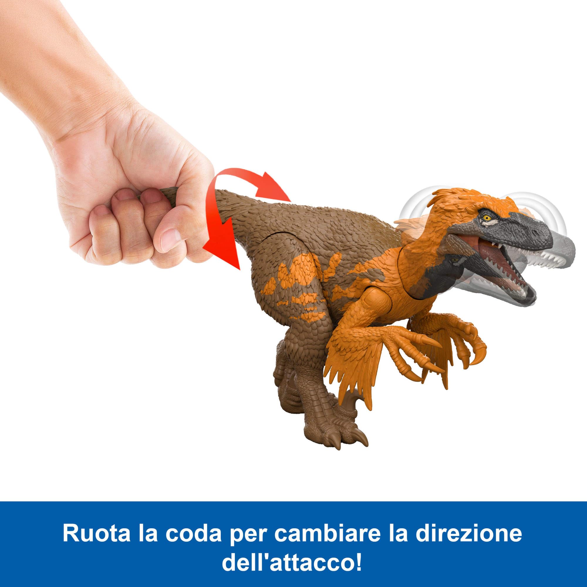 Mattel Jurassic World La Rinascita Utahraptor Ruggito Selvaggio, dinosauro giocattolo con attacco multidirezionale azionato con la coda e suoni, snodato, gioco digitale, JGC80