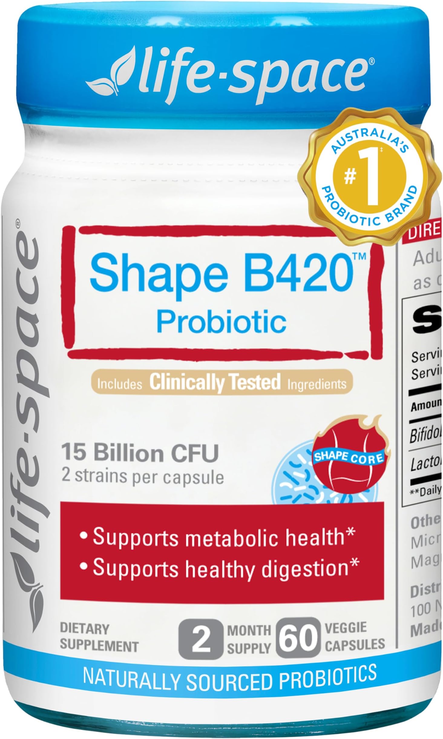 Probiotic, Shape B420 Probiotics Supplement for Women, Men & Adults, Supports Healthy Digestion, 60 Capsules