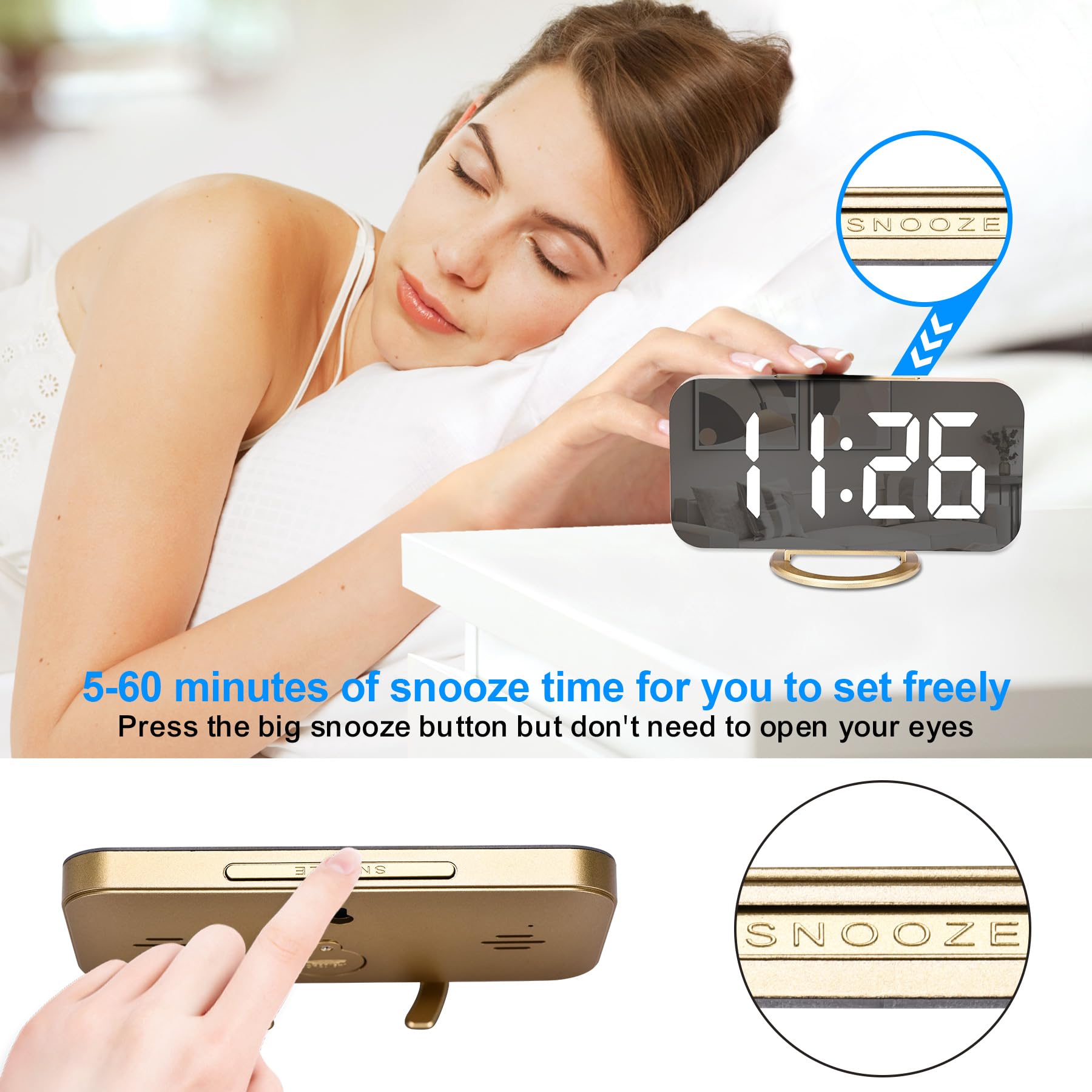 U-picks Sveglia a specchio, Sveglia digitale Ampio display a LED da 6,5 "con modalità di rilevamento della luce, luminosità regolabile, 2 porte di ricarica USB Grande pulsante SNOOZE (oro)
