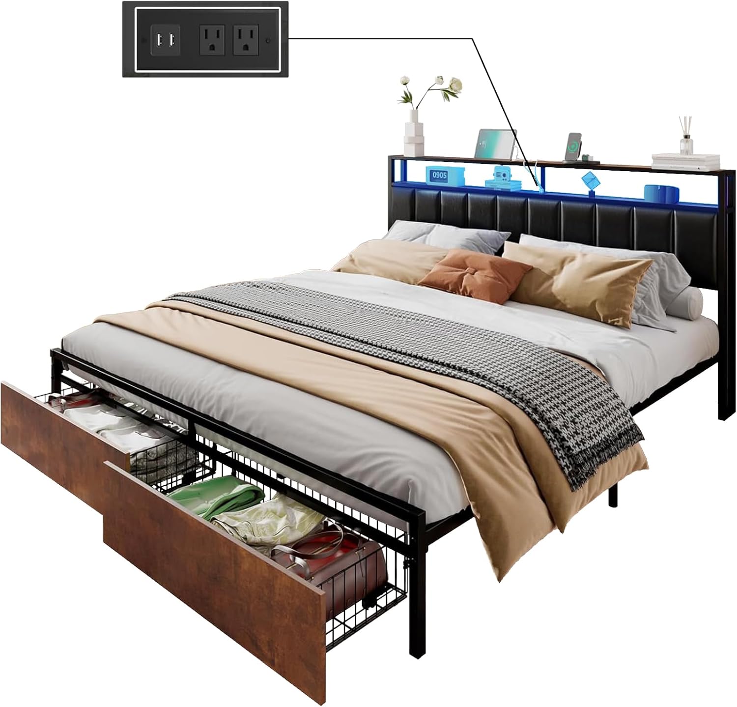 Full Metal Bed Frame with Storage Drawers and LED Headboard