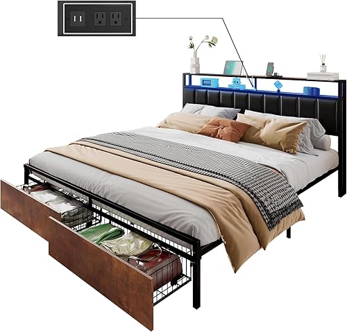 Miniatura 17 de Base de cama King con 2 cajones de almacenamiento, cabecera de poliuretano de almacenamiento de 2 niveles con estación de carga y luces LED, gris