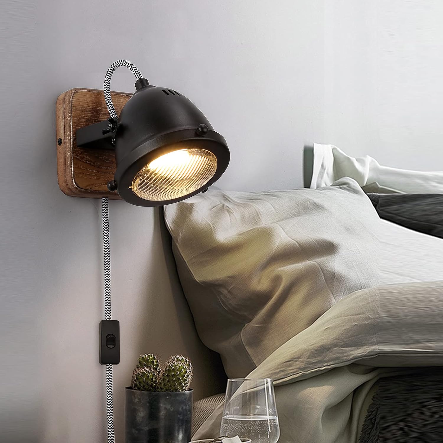 Bеѕt Quаlіtу 🔥 Industrial Black Plug in Cord Wall Sconce, Vintage Rotatable LED Indoor Wall Lamp with Wood Base - Adjustable Shade Rustic Wall Mounted Lights for Bedroom, Living Room,Porch(Black, GU10 Bulb Included)