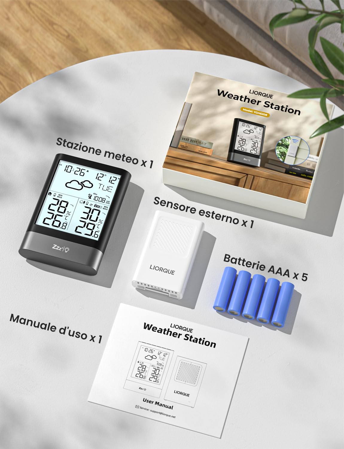 LIORQUE Stazione Meteo Con Sensore Esterno, Stazione Meteorologica Wireless Con RCC, Previsioni Del Tempo, Sveglia, Data, Temperatura,Umidità, Retroilluminazione Regolabile, Nero (Batteria Inclusa)
