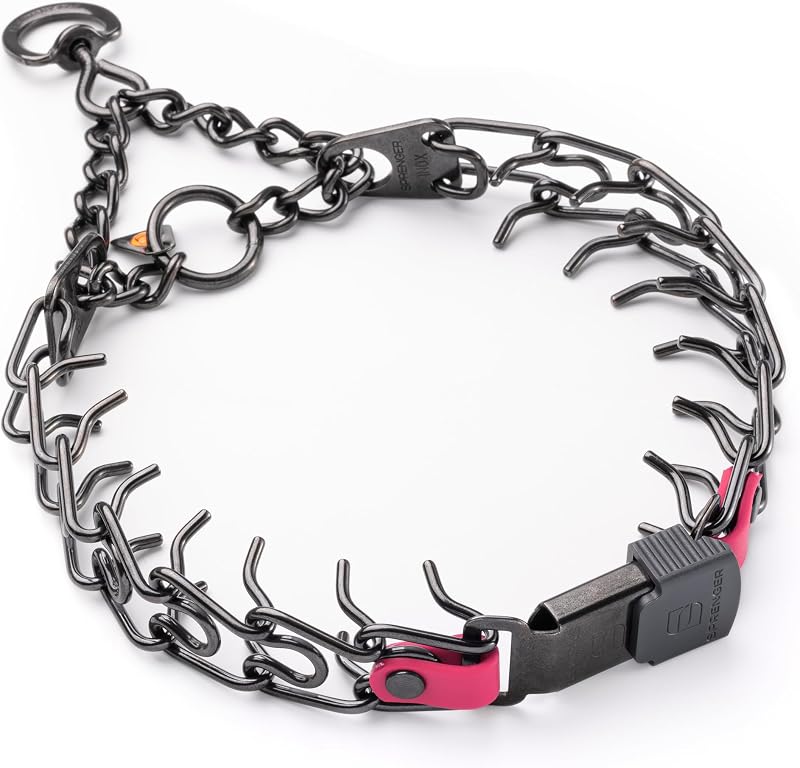 Coleira de Pinos para Cães Herm Sprenger com Fecho ClicLock, Elos Curtos e Inserto de Biothane Rosa — Aço Preto, 50,8 cm x 3 mm