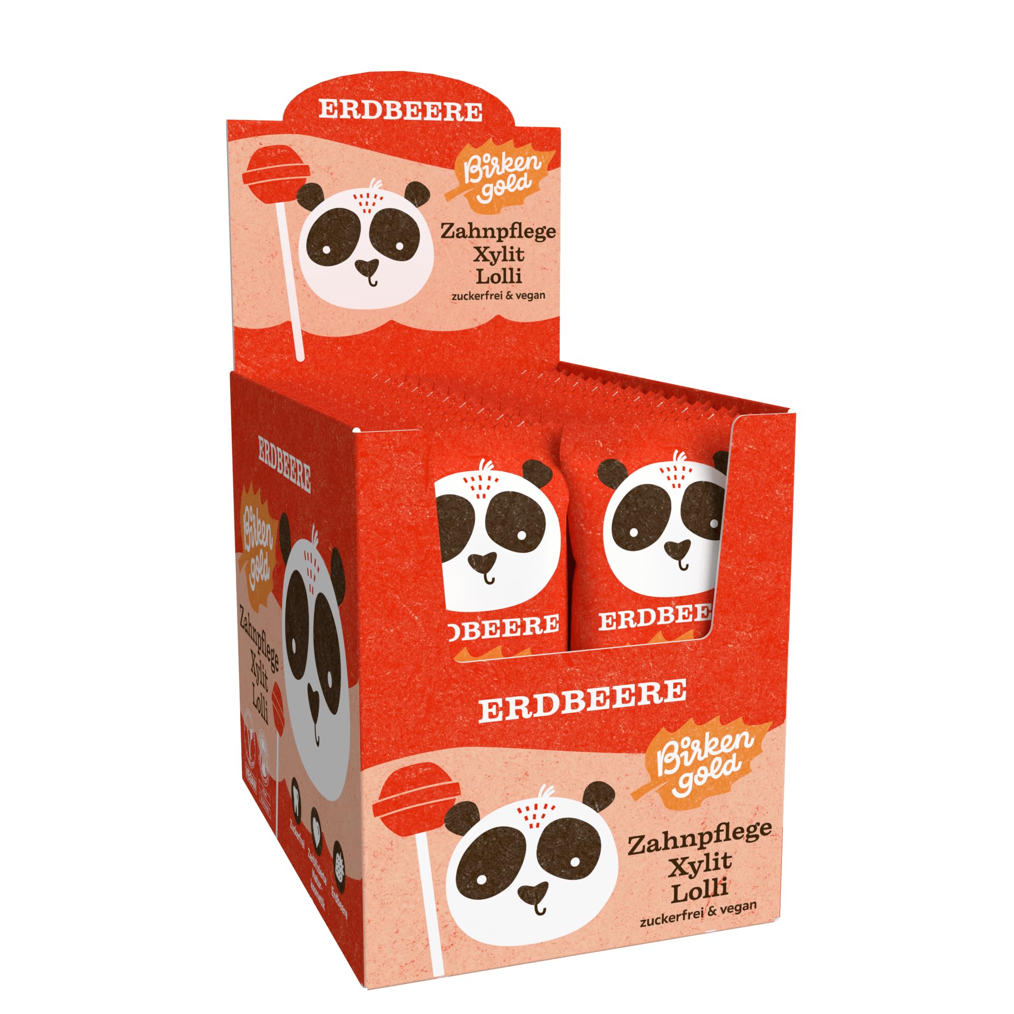 Birkengold Xylit Lolli Erdbeer | Naturkosmetik zertifiziert | 20x6g einzeln verpackt | vegan | zuckerfreier Dauerlutscher | Zahnpflege Lolli | Frucht Lolli Erdbeer