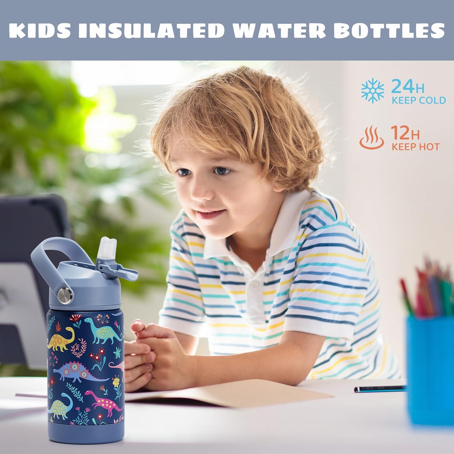 Kids Insulated Water Bottle with Straw Lid, 12 oz BPA-FREE Double Wall Vacuum Tumbler 18/8 Stainless Steel Leak Proof Kids Cups with Straw for School Travel Boys Girls (Dinosaur) - Image 5