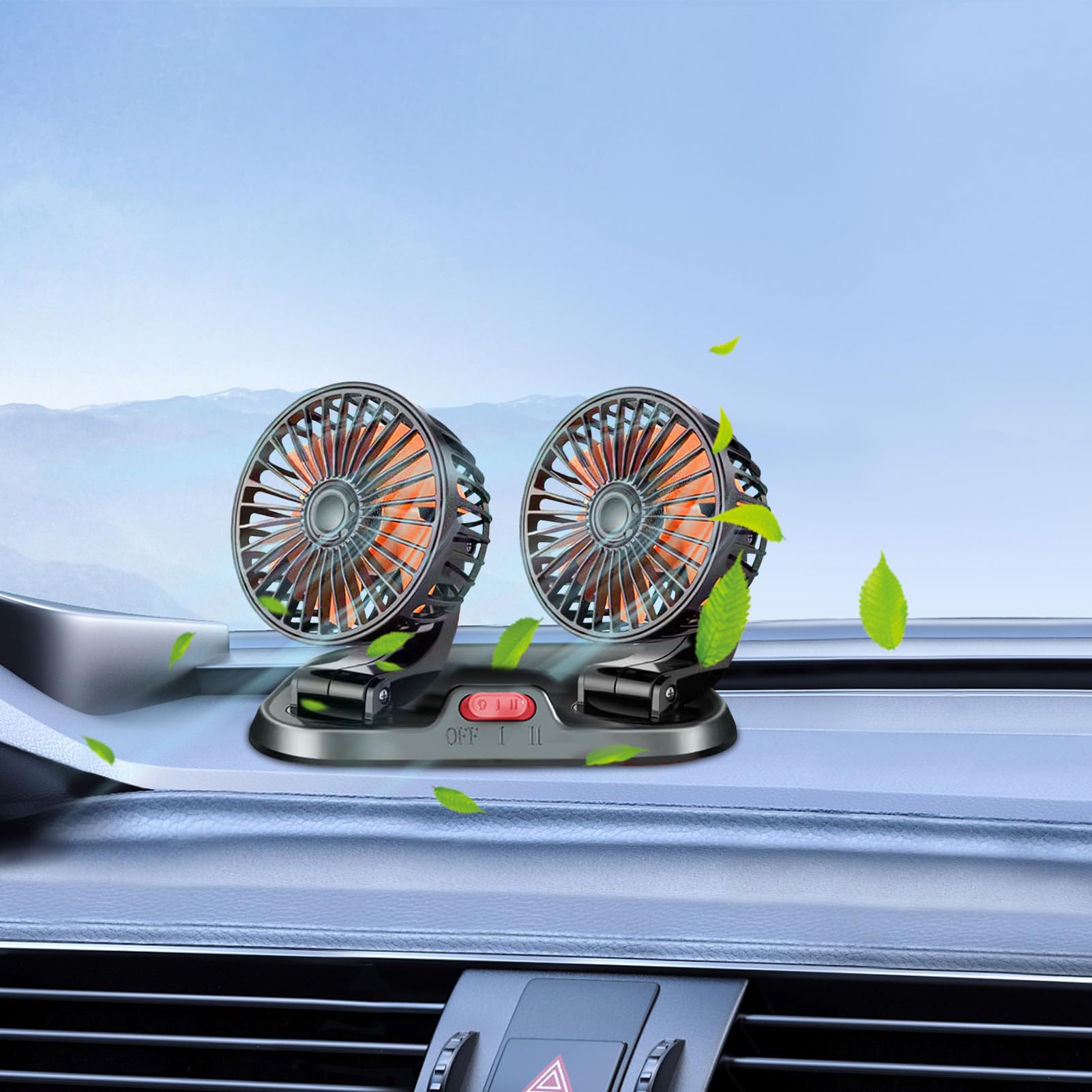 Ventilatore elettrico per auto, ventole rotanti a doppia testa a 360 gradi, ventilatore elettrico del veicolo da 12 V/24 V, ventilatore per auto di raffreddamento USB interno, ventilatore