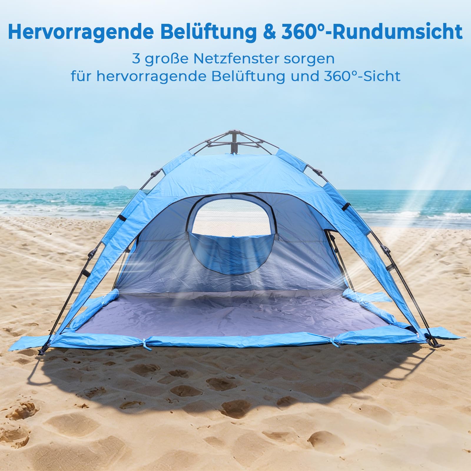 Pop Up Strandmuschel mit UV-Schutz 50+, Automatisches Strandzelt für 2-3 Personen, XXL Pop Up Strandmuschel mit Verlängerter Matte, Leichtes Windschutz Zelt für Baby & Familie, Einfach Aufbau & Abbau