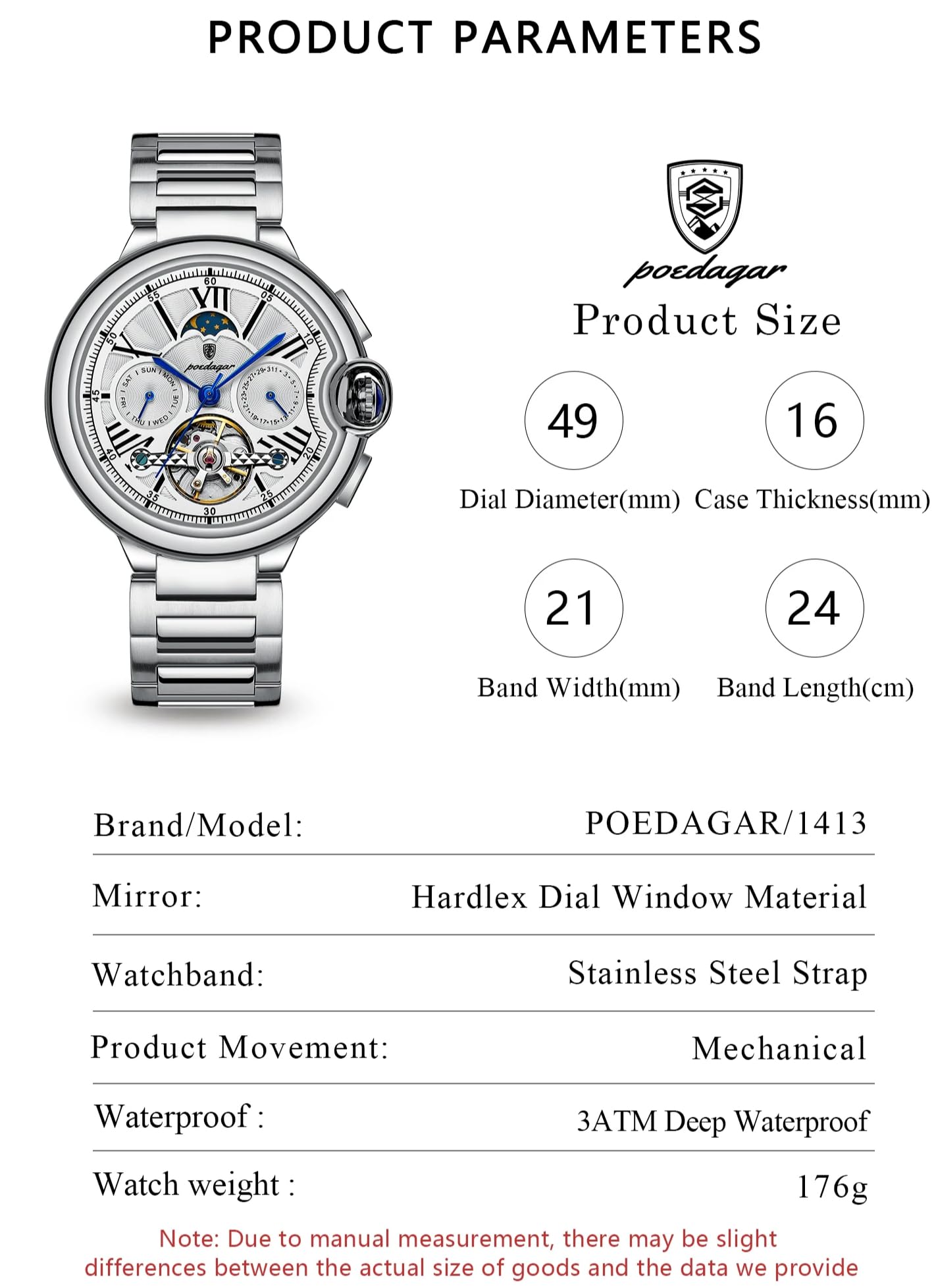 Poedagar Modische automatische mechanische Herrenuhr Datum Woche wasserdichte Herrenuhr Tourbillon Edelstahlband Lederband Business Herrenuhren