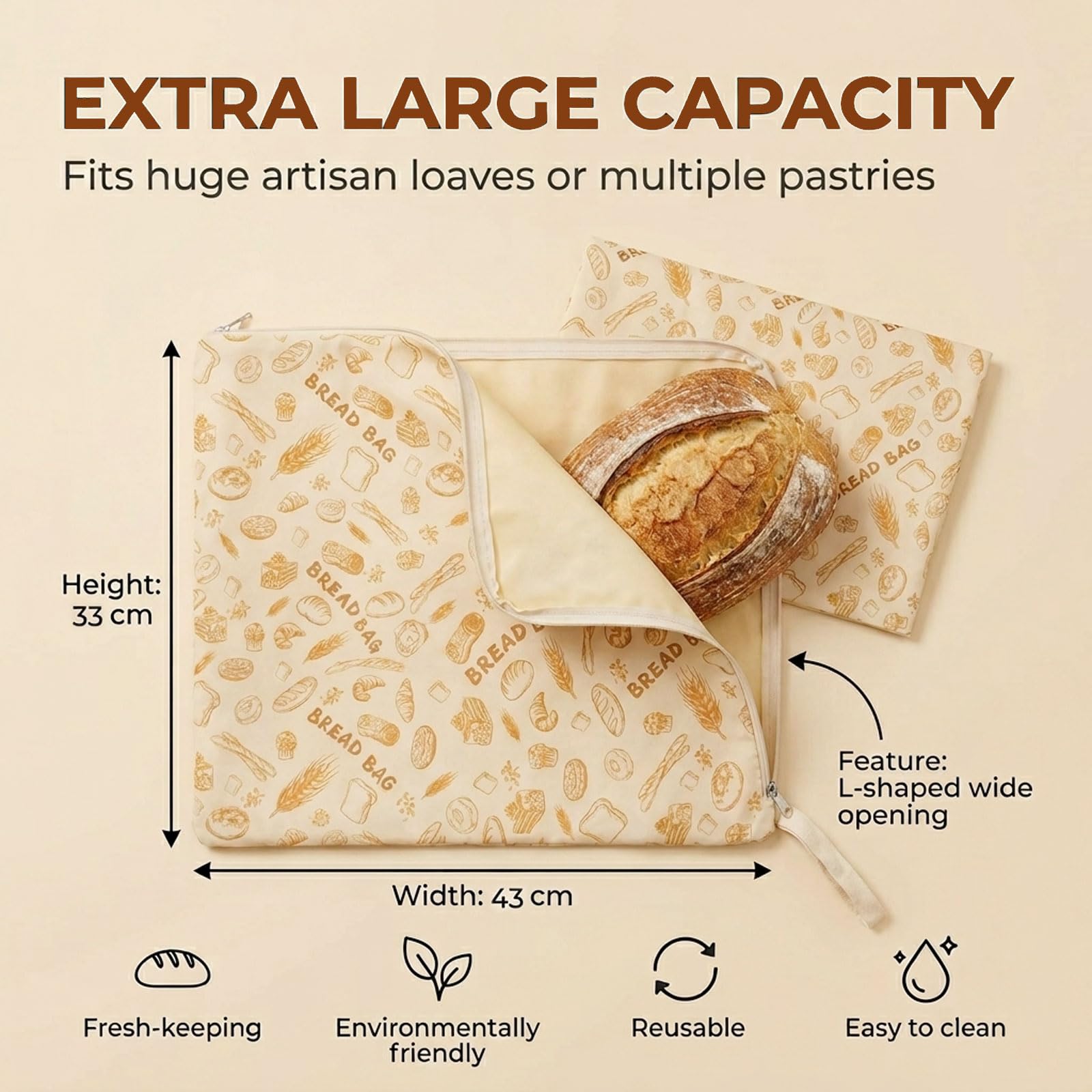 2er Set XL Beeswax Bread Bag, Sacs à Pain Cire d'Abeille Réutilisables pour Pain Maison, Sac à Pain en Lin et Coton avec Fermeture L-Zip pour Fraîcheur & Congélation