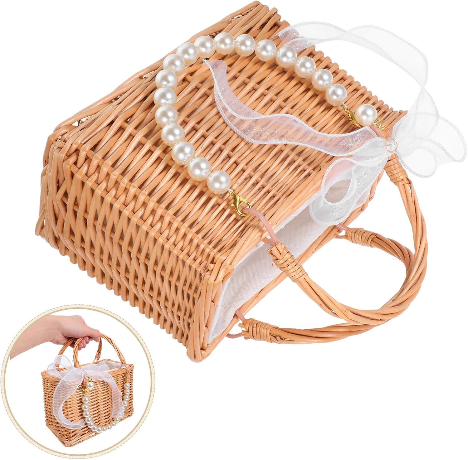 Handwoven Willow Flower Girl Basket with Handle, Braided Wicker Basket with Pearl Chain and Ribbon Bow, Small Bridal Clutch Suitable for Wedding Ceremony and Holiday Decor