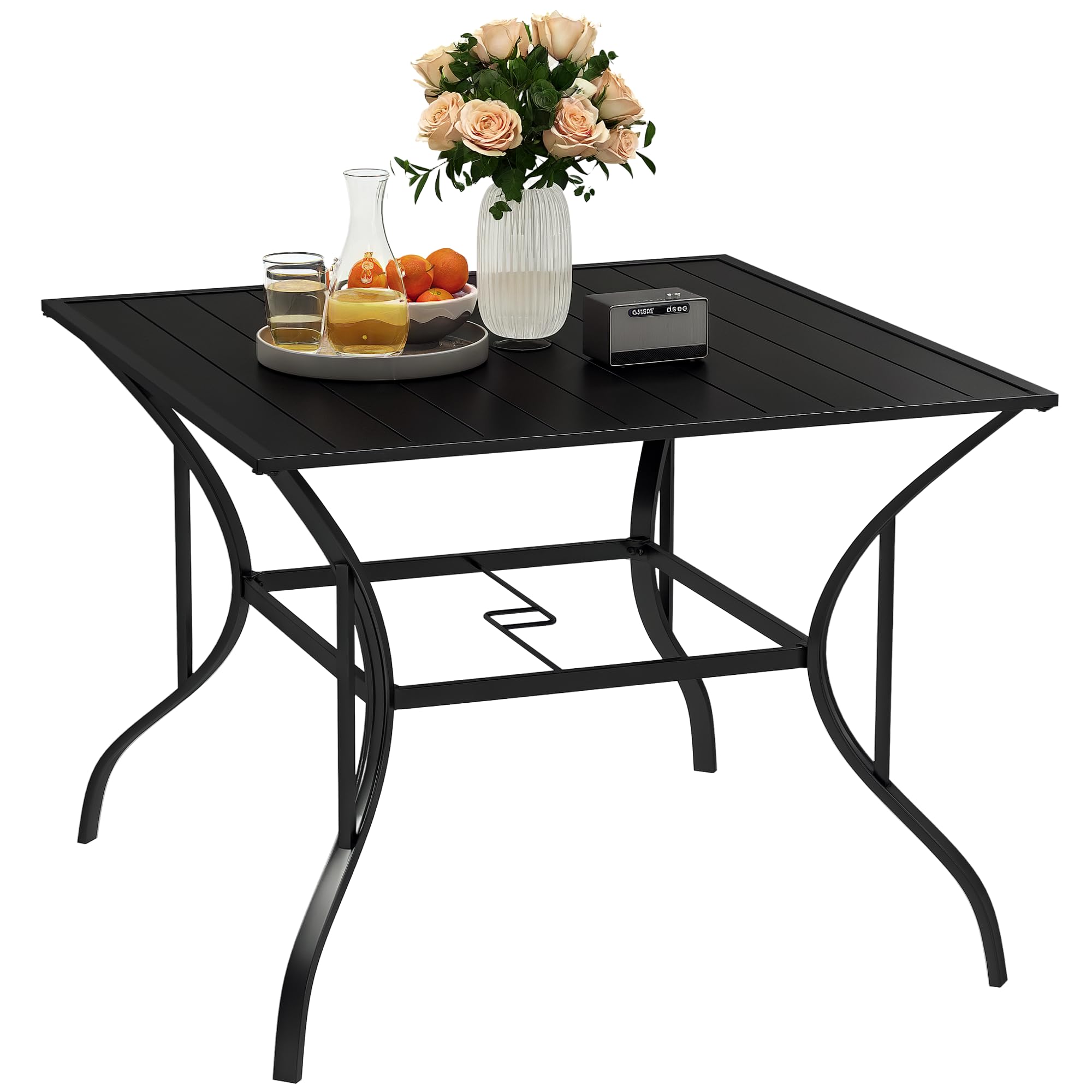 Outsunny Square Garden Table with Parasol Hole - Black Metal Slatted Plate Top - Seats Four