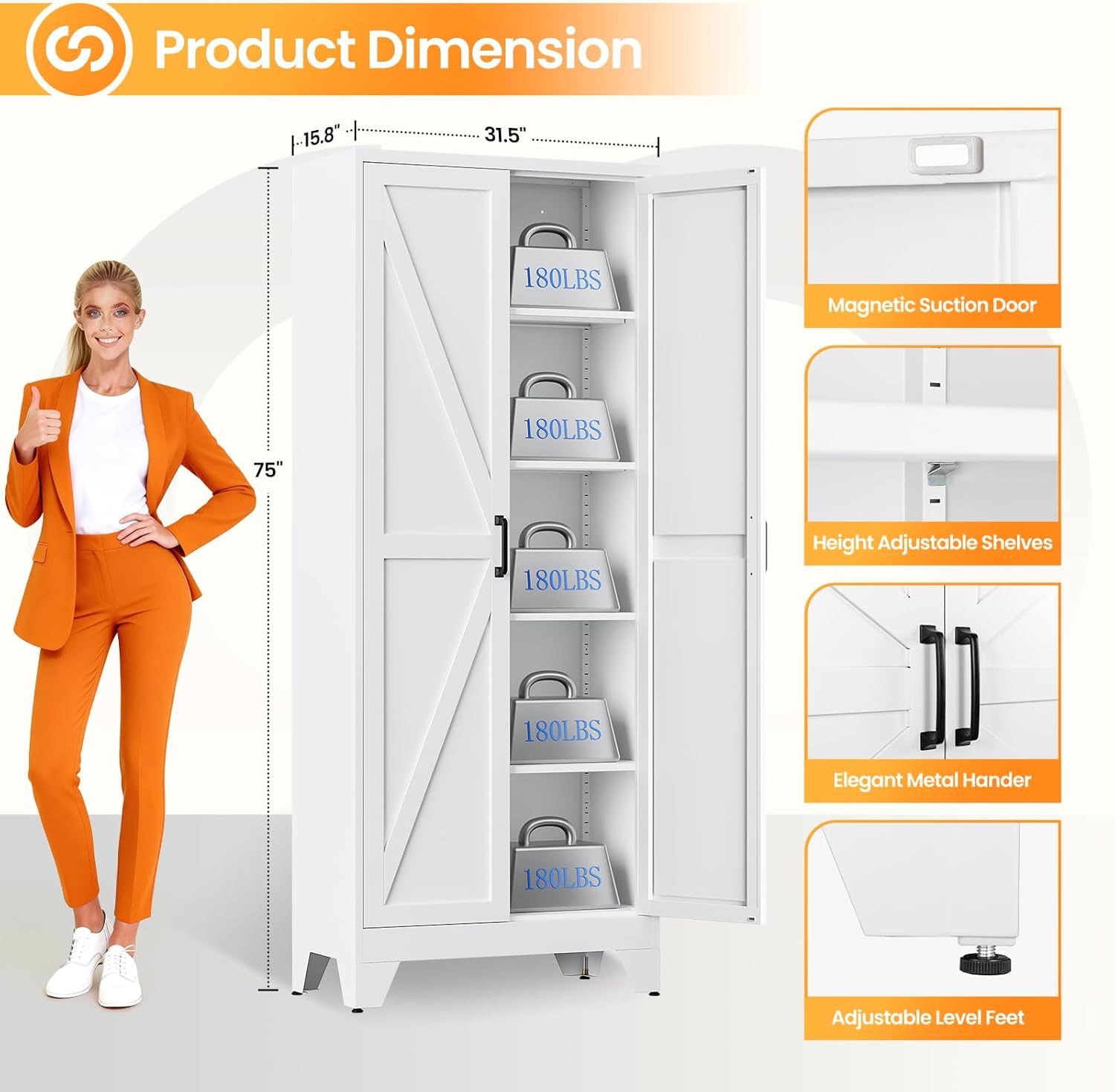 Metal White Storage Cabinet with 2 Doors and 4 Adjustable Shelves, 75" Tall Kitchen Pantry cabinets, Farmhouse Food Pantry Cabinet,5 Tier Freestanding Barn Door Cupboard for Kitchen Dining/Living Room