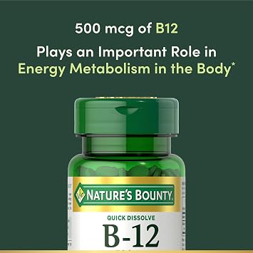 Nature's Bounty Vitamin B12, Supports Energy Metabolism and Nervous System Health, 500mcg, 100 Quick Dissolve Tablets | Supports Energy Metabolism and Nervous System Health