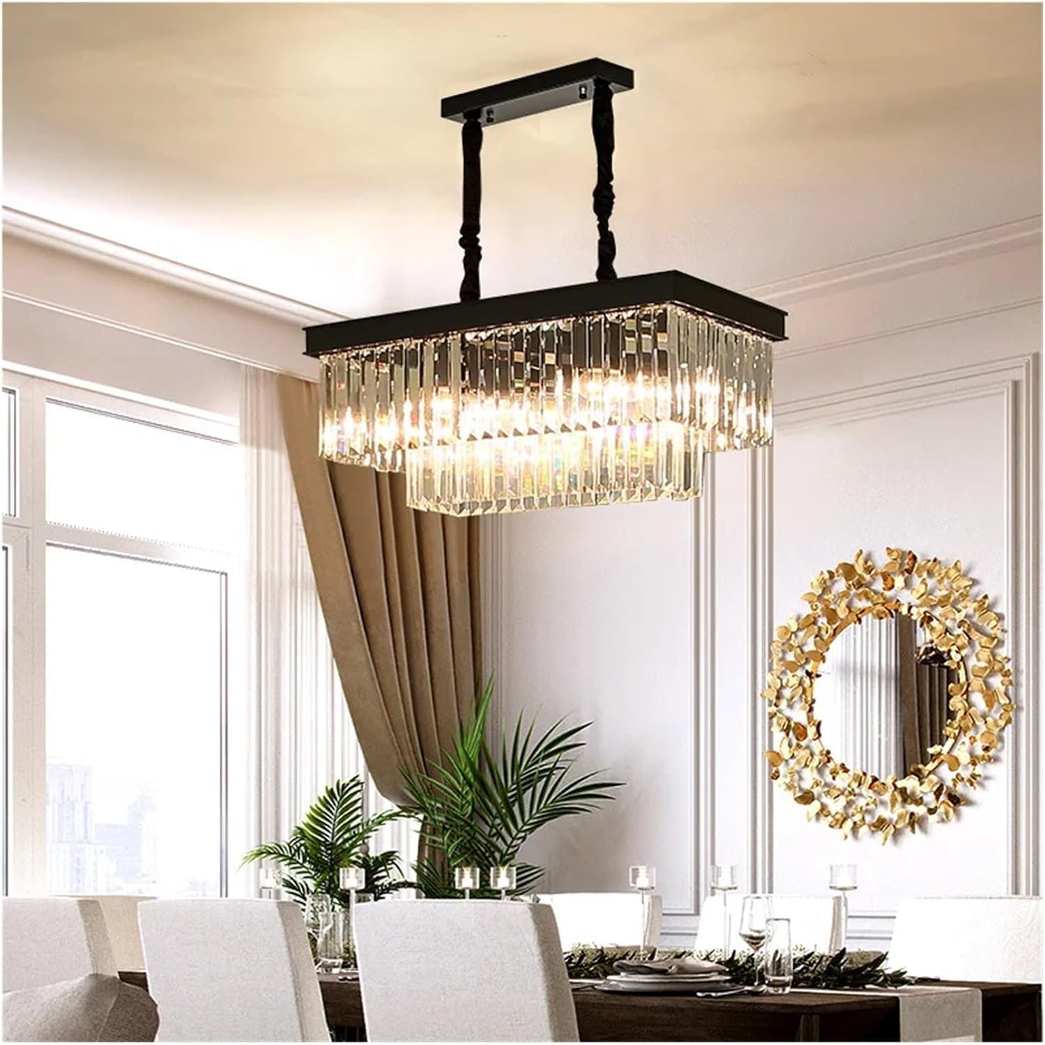 Lustre en cristal rectangle noir et or pour un salon prestigieux haut de gamme
