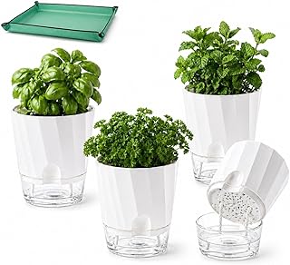 4er Set Selbstbewässernder Kräutertopf Blumentopf – 15.3cm Doppelwandig PP-Kunststoff, Hochwertiger Kunststoff Pflanztopf für Innen Balkon Küche Fensterbank, mit Gartenmatte 66x66cm (Weiß)