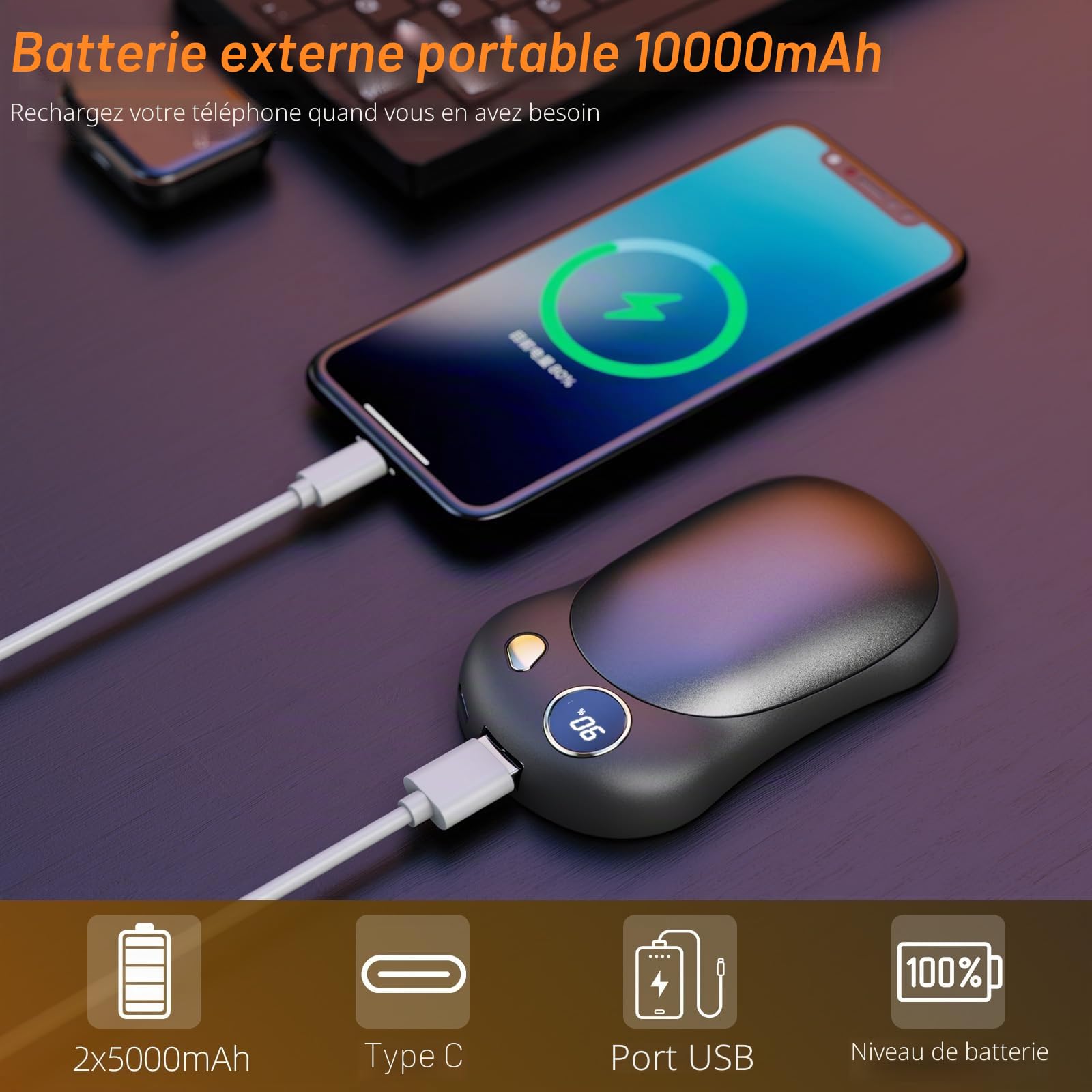 Chauffe Main 2 Pièces, 10000 mAh Chauffe Main Rechargeable