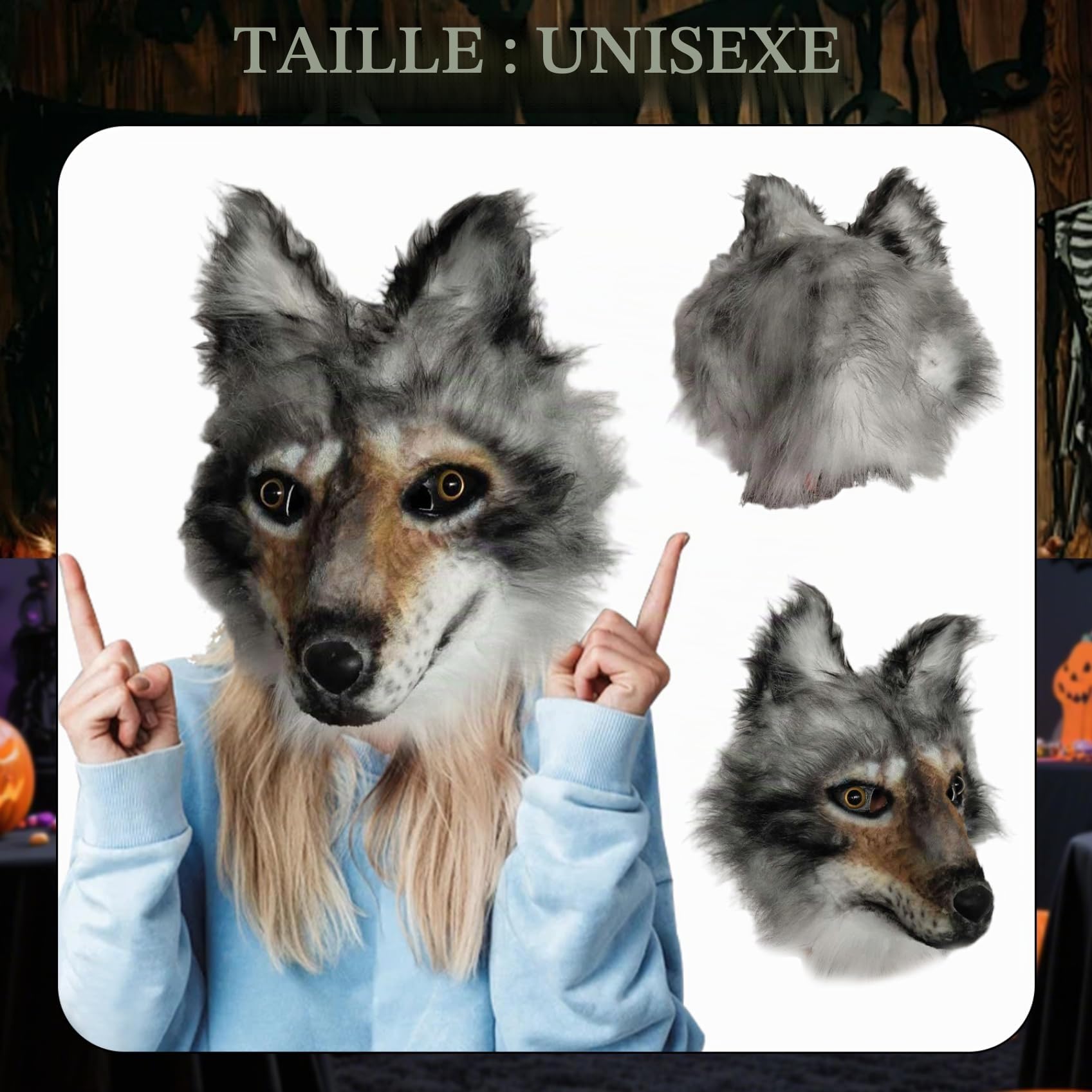 Masque de loup d'Halloween, masque réaliste en latex souple avec fourrure, accessoire de cosplay complet pour adulte, unisexe, pour Halloween, carnaval, fête, maison hantée, en fourrure, masqu