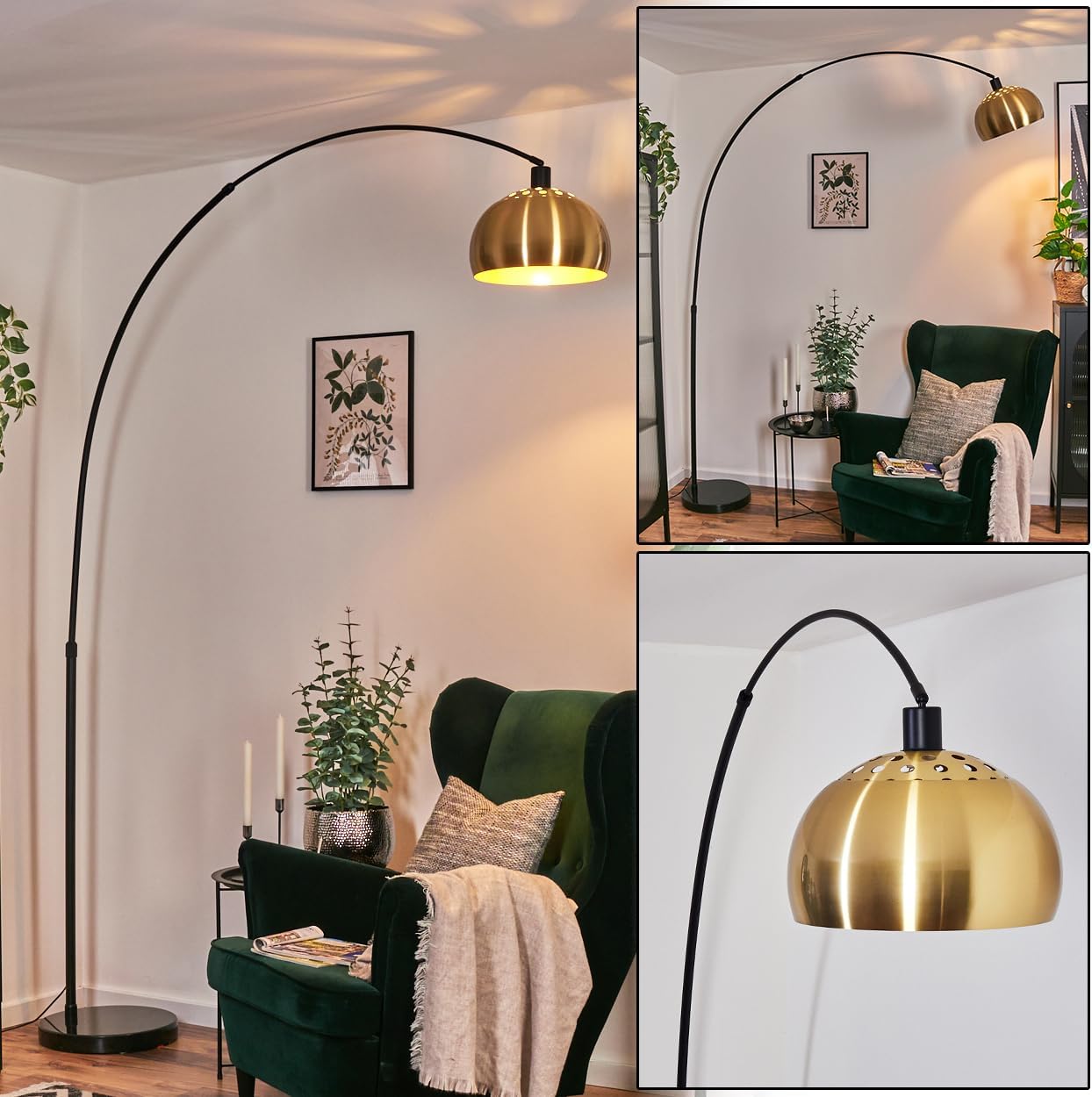 HOFSTEIN Baloca Floor Lamp Metal in Black/Brushed Brass / Gold with Marble Base Adjustable Lamp in Vintage Design Light Effect and Foot Switch E27 Living Room Bedroom