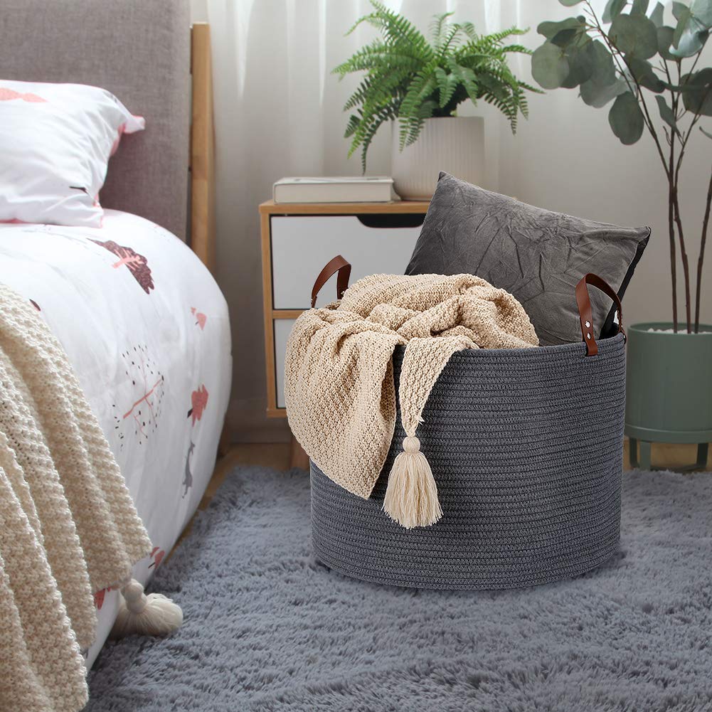 Homo XXLarge Cream Grey Cotton Rope Basket with Leather Handles Laundry Basket - Woven Storage Baske