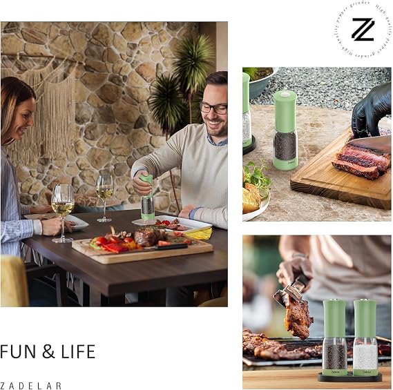 Zadelar Electric Salt and Pepper Grinder Set with LED Power Display,Larger Capacity Salt and Pepper Shakers Set Rechargeable Electric with Coarsenes,LED Light,One Hand Operation for Kitchen(Green)