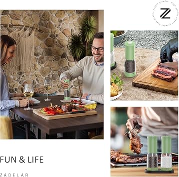 Zadelar Electric Salt and Pepper Grinder Set with LED Power Display,Larger Capacity Salt and Pepper Shakers Set Rechargeable Electric with Coarsenes,LED Light,One Hand Operation for Kitchen(Green)