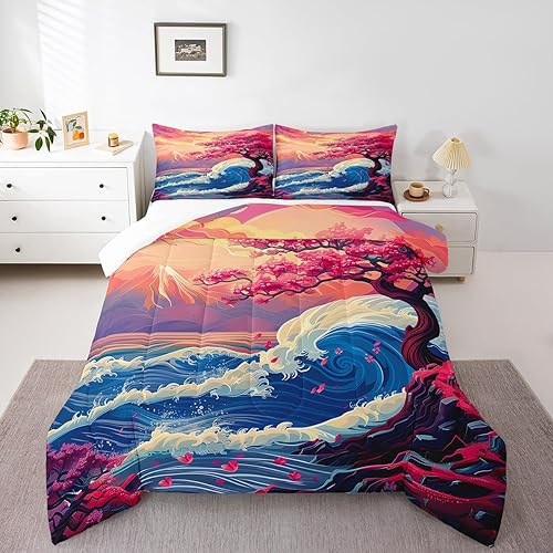 Miniatura 24 de Erosebridal Juego de edredón tamaño individual samurái de estilo japonés para niños y adultos, juego de ropa de cama de calavera roja y negra,