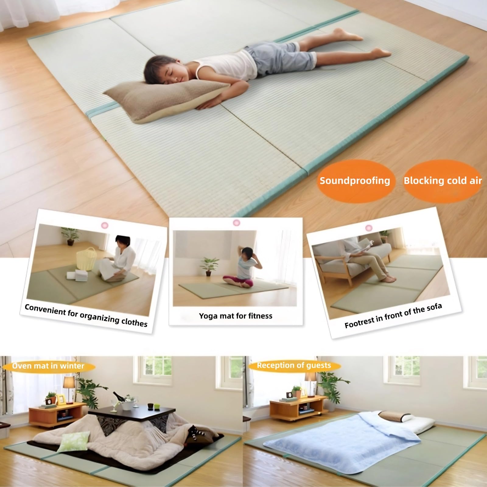 Natürliche Tatami-Matte aus Schilfgras, 4-Fach Faltbares Design, Traditionelle Bodenmatte, 75x200x3.5cm