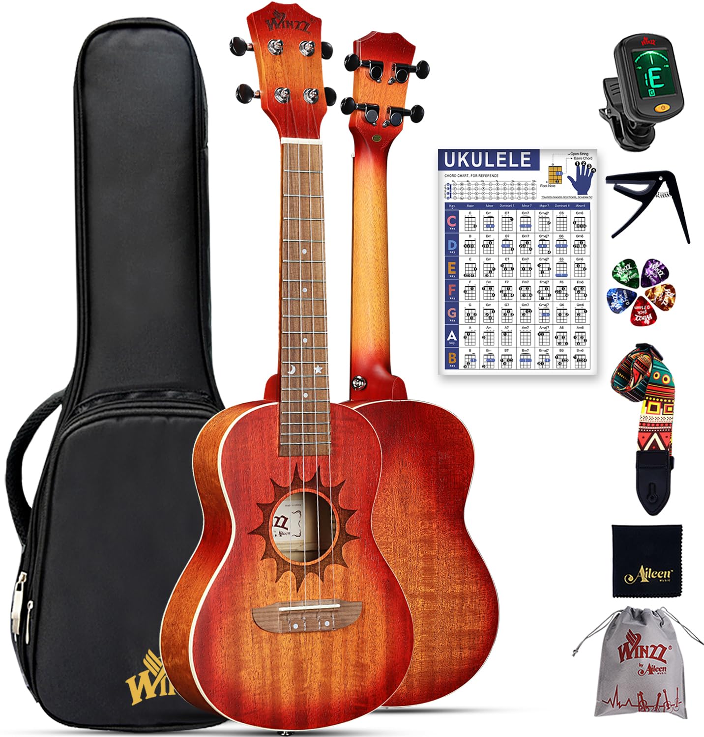 Winzz Ukulélé de Concert 23 Pouces en Acajou pour Adultes et Débutants - Kit de Démarrage, Cadeau Unique pour Enfant, Design Unique (Cordes Carbone, Matte Sunburst)
