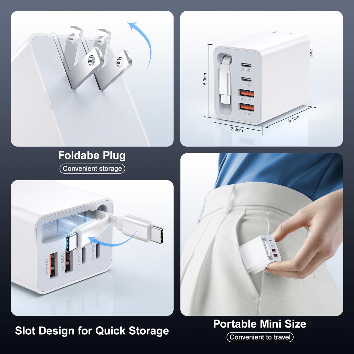 2Pack 5-in-1 Retractable Phone Charger, 5-Port USB C Charger Block, Phone Chargers Fast Charging with USB C Cable, Retractable Wall Charger with Foldable Plug for 17/16/15 Pro Max,iPad,Galaxy,Pixel - Image 6