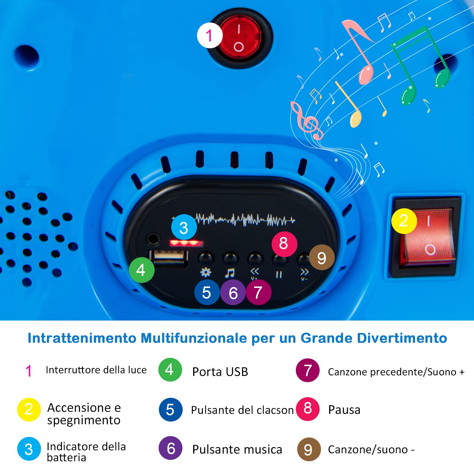 COSTWAY 6V Autoscontro Elettrico per Bambini, Veicolo Elettrico con Telecomando, Girevole a 360°, Luci LED Colorate e Cintura di Sicurezza Regolabile, 37-95 Mesi (Blu)