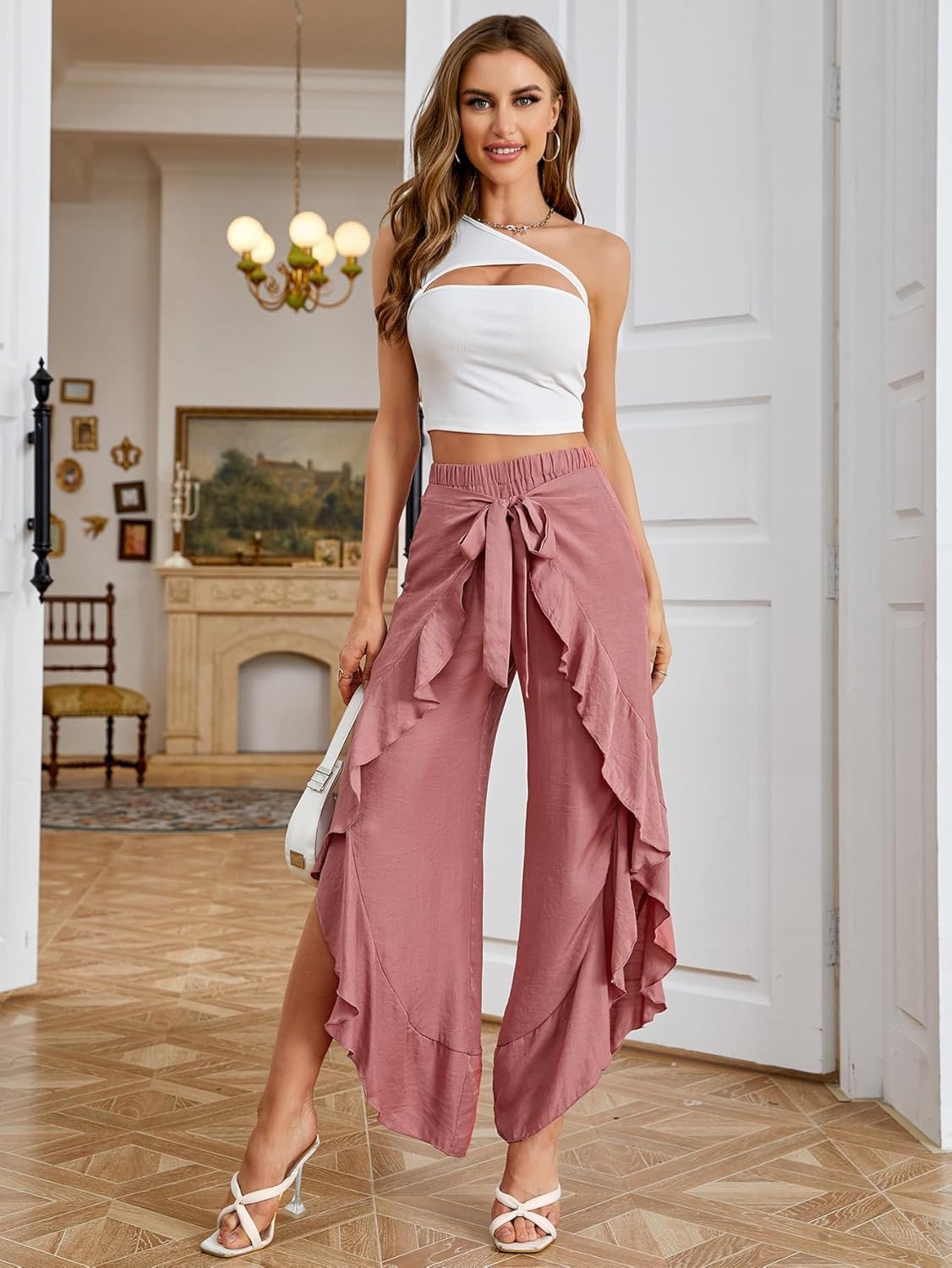 WDIRARA Women's Elastic Waist Wide Leg High Rise Split Tie Front Wrap Flowy Pants - Image 7