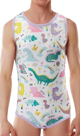 CutiePlusU Cotton Button Crotch Bodysuits Adult Romper Sleeveless Onesie for Men Print