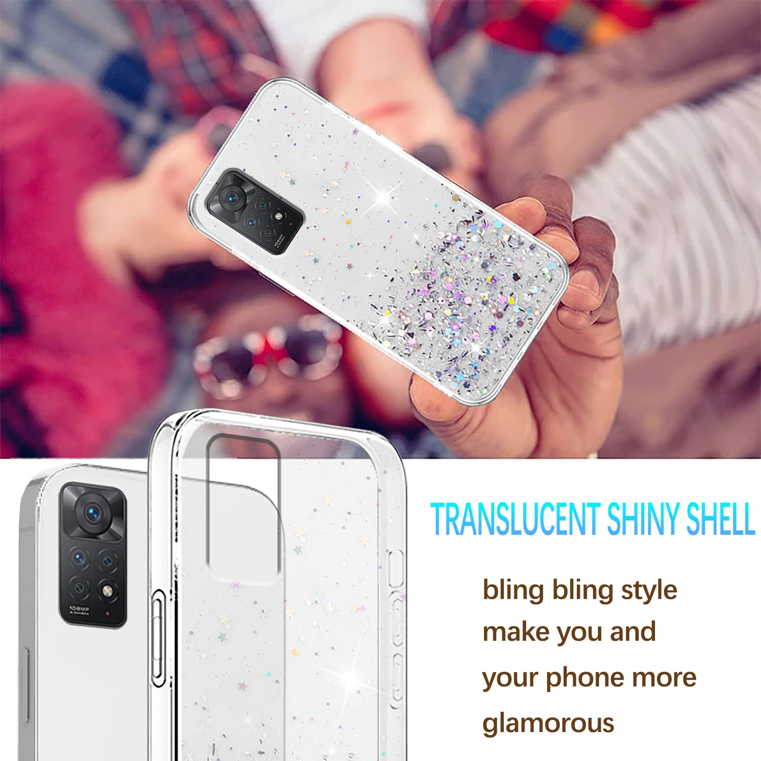 Handyhülle Für Redmi Note 12 Pro 4G / Note 11 Pro – Transparente Silikonhülle Mit Glitzer-Sheet & Galvanikrahmen (Blau)