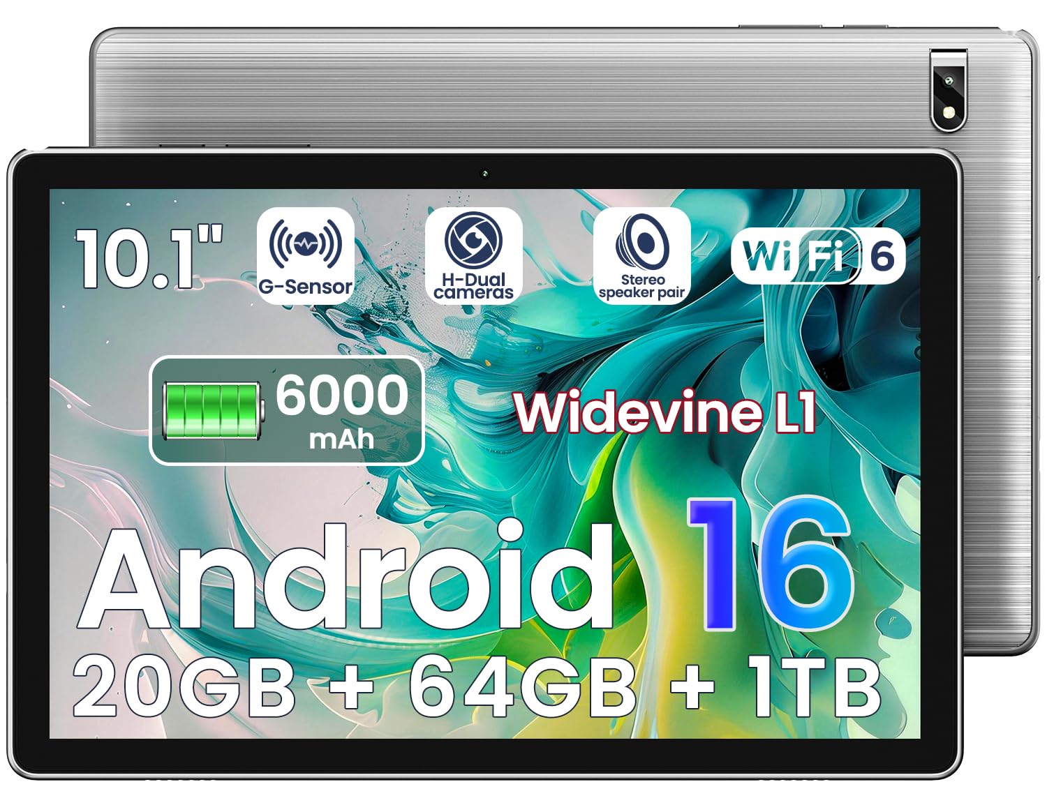 TPZ Tablet: Android 16 Tablet - 2026 Android 16 Neueste 10,1 Zoll 20GB + 64 GB +1TB Erweiterung, 6000 mAh Akku, Wi-Fi 6, 2 MP+8 MP Dual Kamera, WiFi6+BT5.4, Widevine L1, Typ-C, OMS,Grau