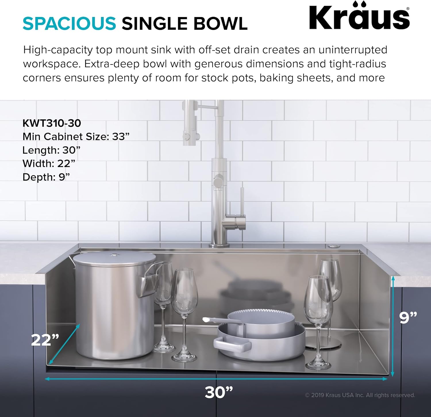 KRAUS Kore™ Workstation 30-inch Drop-In 16 Gauge Single Bowl Stainless Steel Kitchen Sink with Accessories (Pack of 5) with WasteGuard™ Continuous Feed Garbage Disposal, KWT310-30-100-75MB