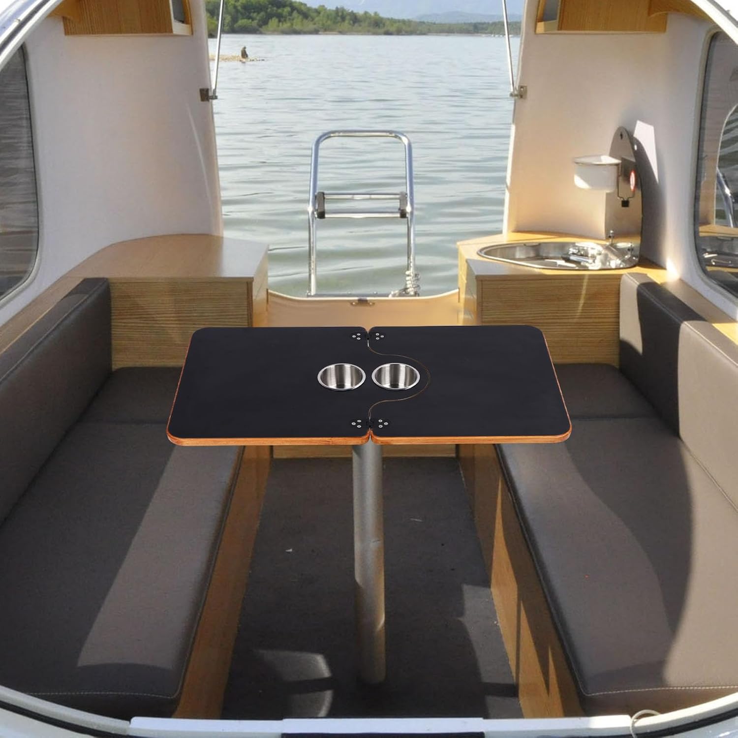 Asixxsix Removable Boat Table, 29.53x15.55 Inch Rectangular RV Table Top Replacement with 2 Cup Holders, Folding Boat Table Top Panel for Marine Trailer Yacht Deck Dining Work